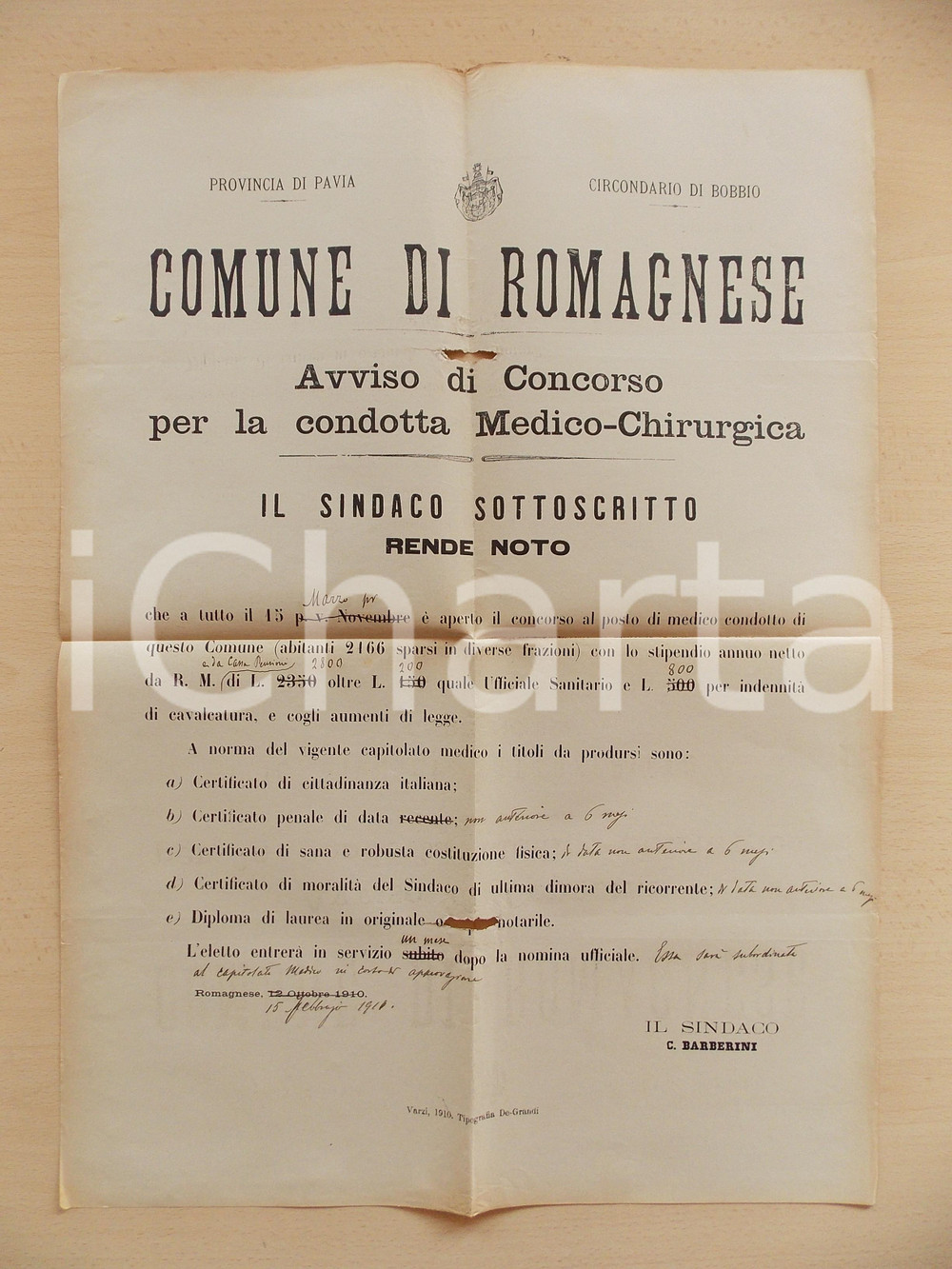 Documento originale, autentico 1910 ROMAGNESE PV Concorso per medico condotto Manifesto 42 x 58 1