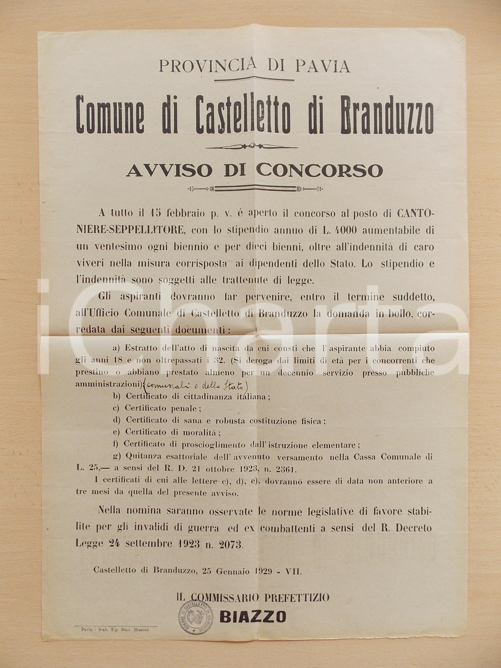 Documento originale, autentico 1929 CASTELLETTO DI BRANDUZZO PV Concorso seppellitore Manifesto 35 x 50 1