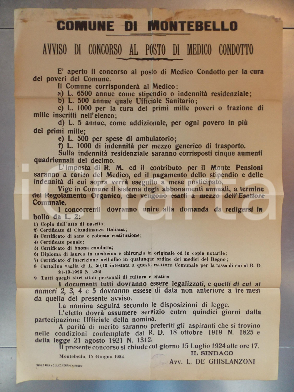 Documento originale, autentico 1924 MONTEBELLO DELLA BATTAGLIA PV Concorso medico condotto Manifesto 50 x 70 1