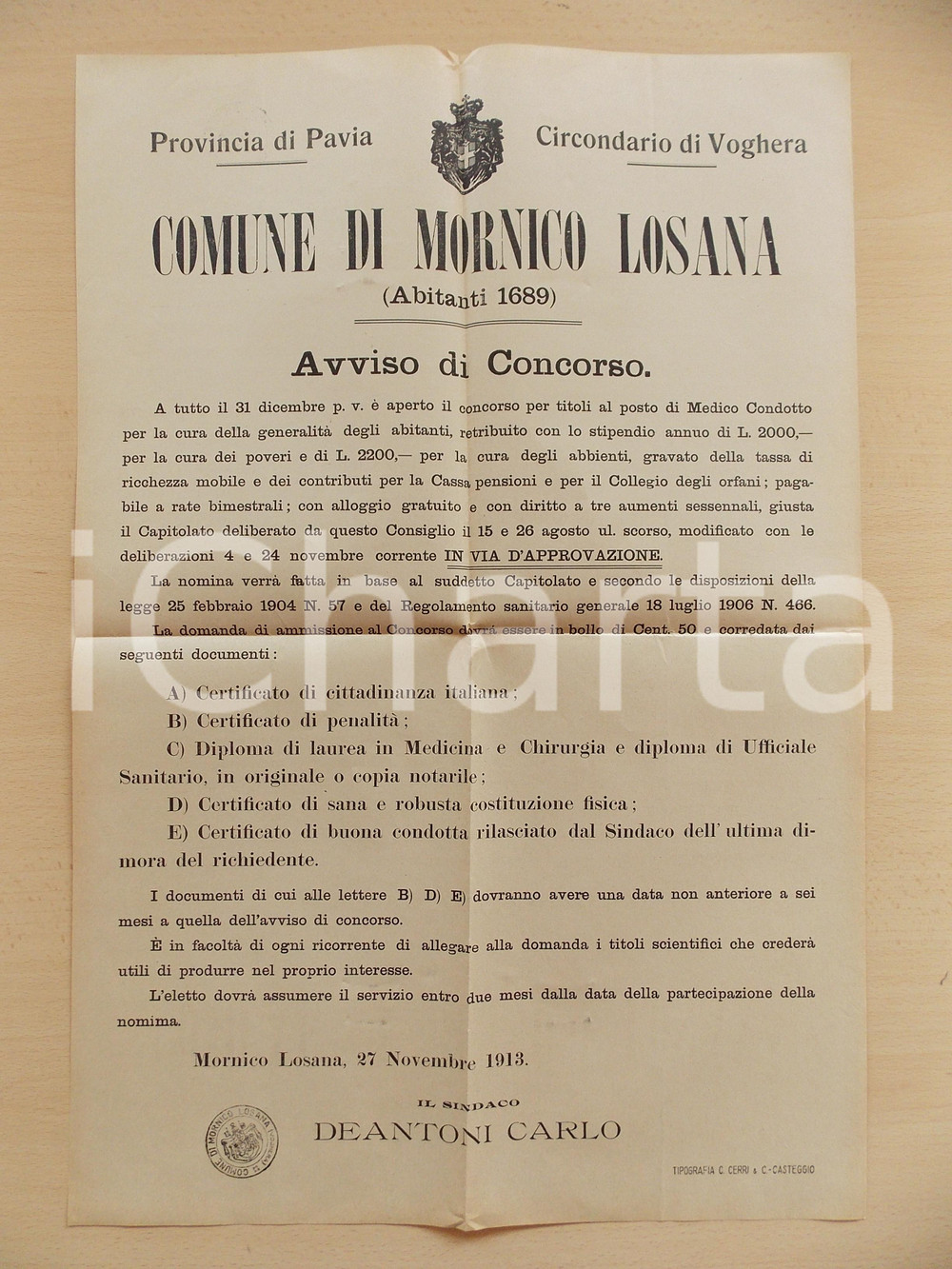 Documento originale, autentico 1913 MORNICO LOSANA PV Concorso per medico condotto Manifesto 39 x 57 1