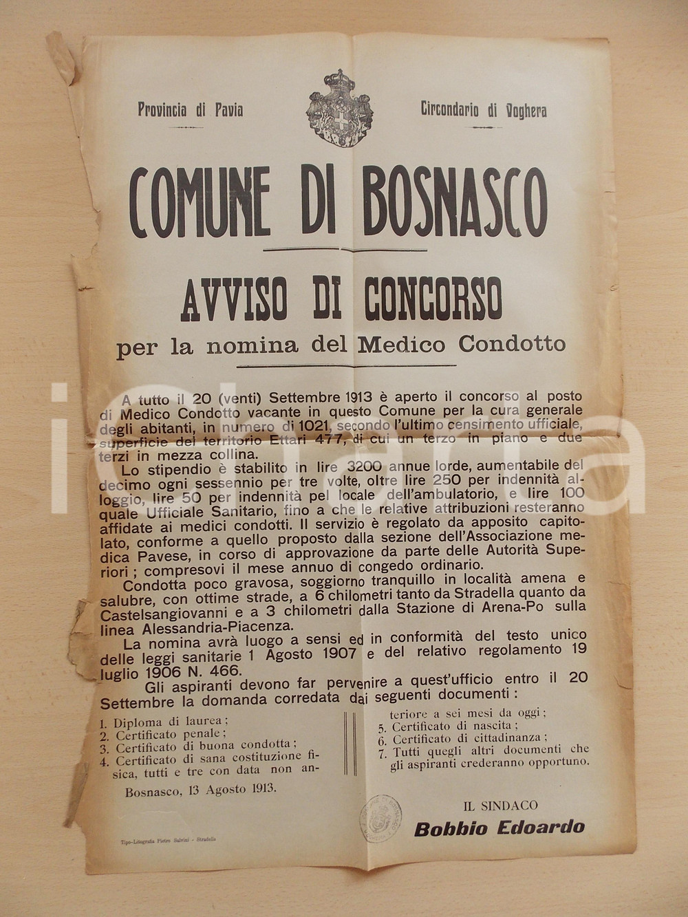 Documento originale, autentico 1913 BOSNASCO PV Concorso per posto di medico condotto Manifesto DANNEGGIATO 1