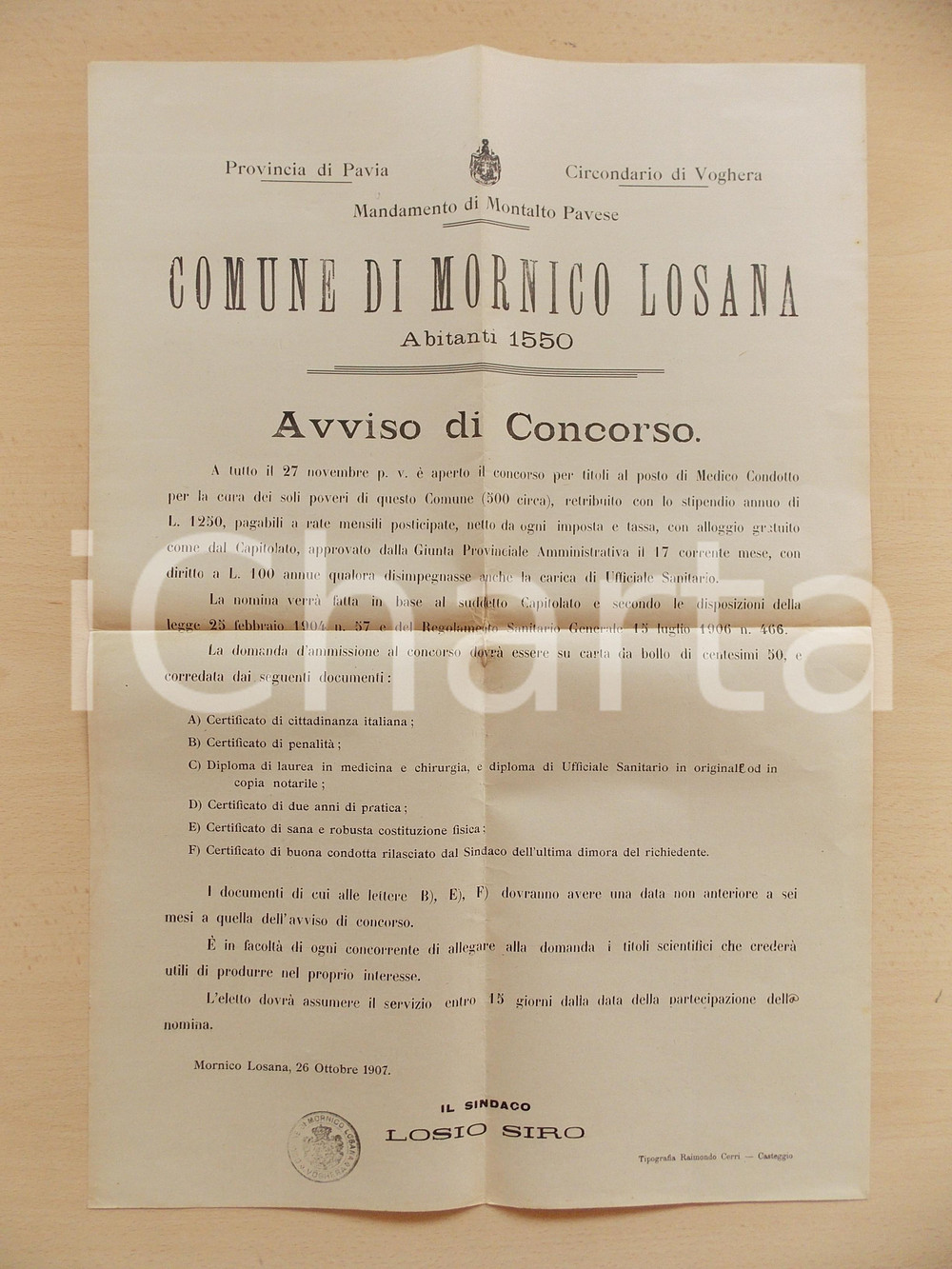 Documento originale, autentico 1907 MORNICO LOSANA PV Concorso per medico condotto Manifesto 40 x 57 1