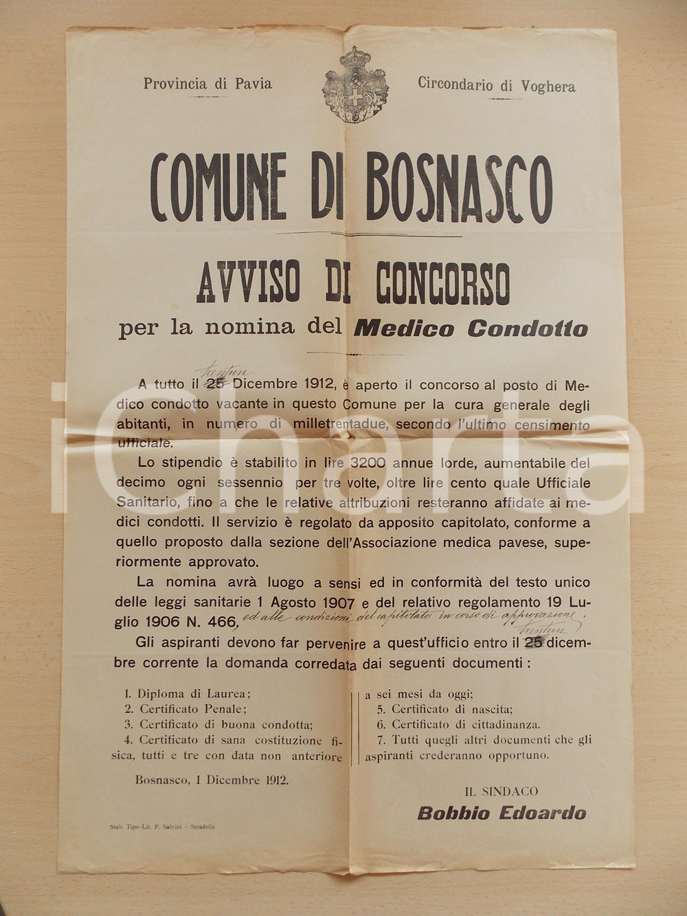 Documento originale, autentico 1912 BOSNASCO PV Concorso per posto di medico condotto Manifesto 43 x 65 1