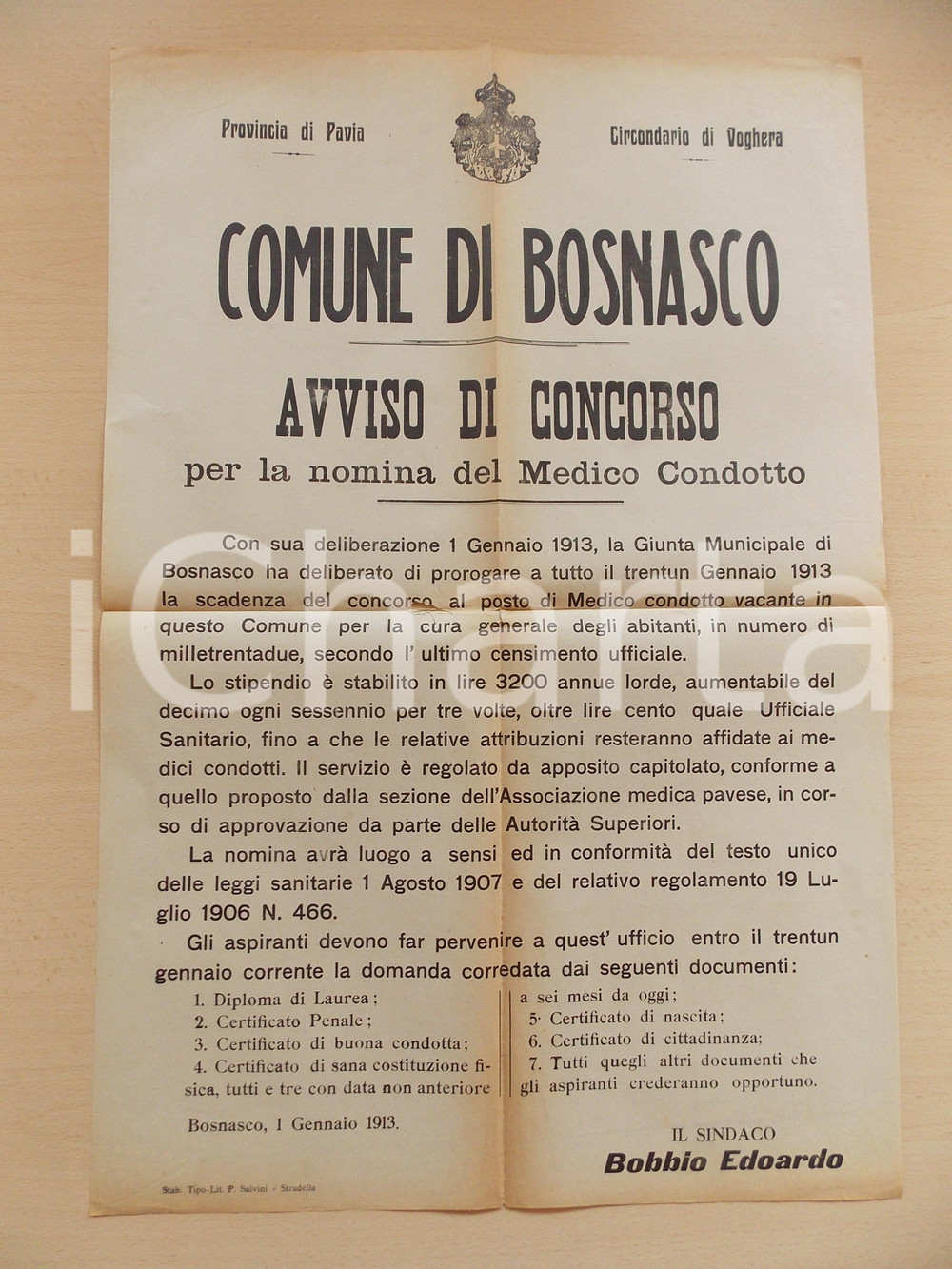 Documento originale, autentico 1913 BOSNASCO PV Concorso per posto di medico condotto Manifesto 42 x 62 1