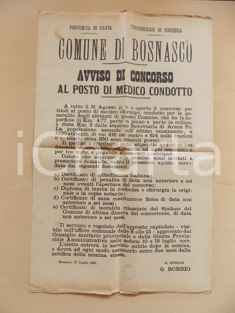Documento originale, autentico 1907 BOSNASCO PV Concorso per posto di medico condotto Manifesto 41 x 65 1