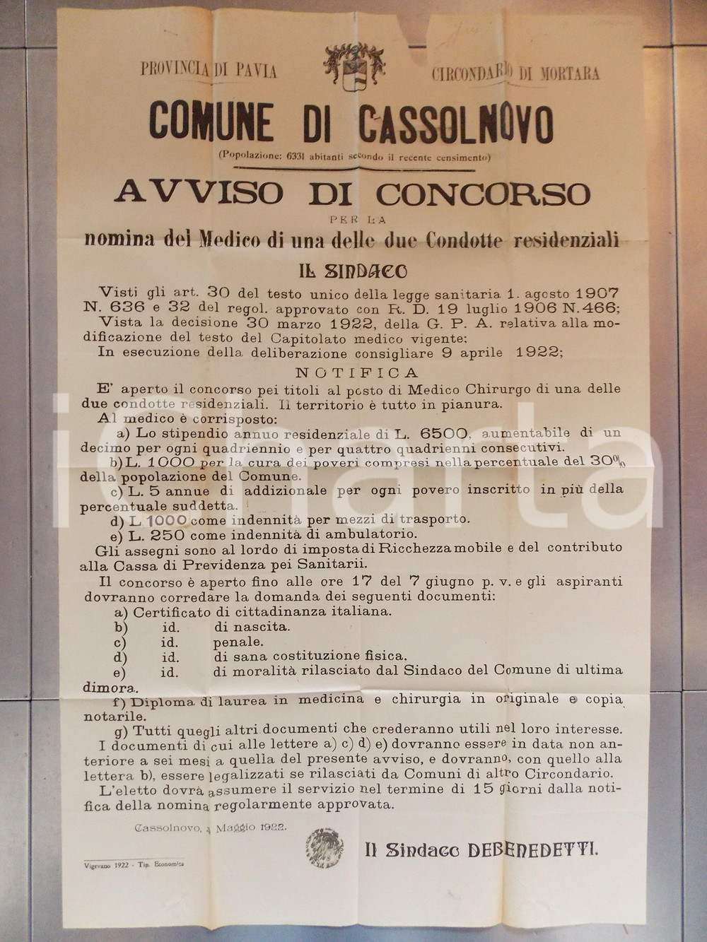 Documento originale, autentico 1922 CASSOLNOVO PV Concorso medico condotte residenziali Manifesto 55 x 84 1