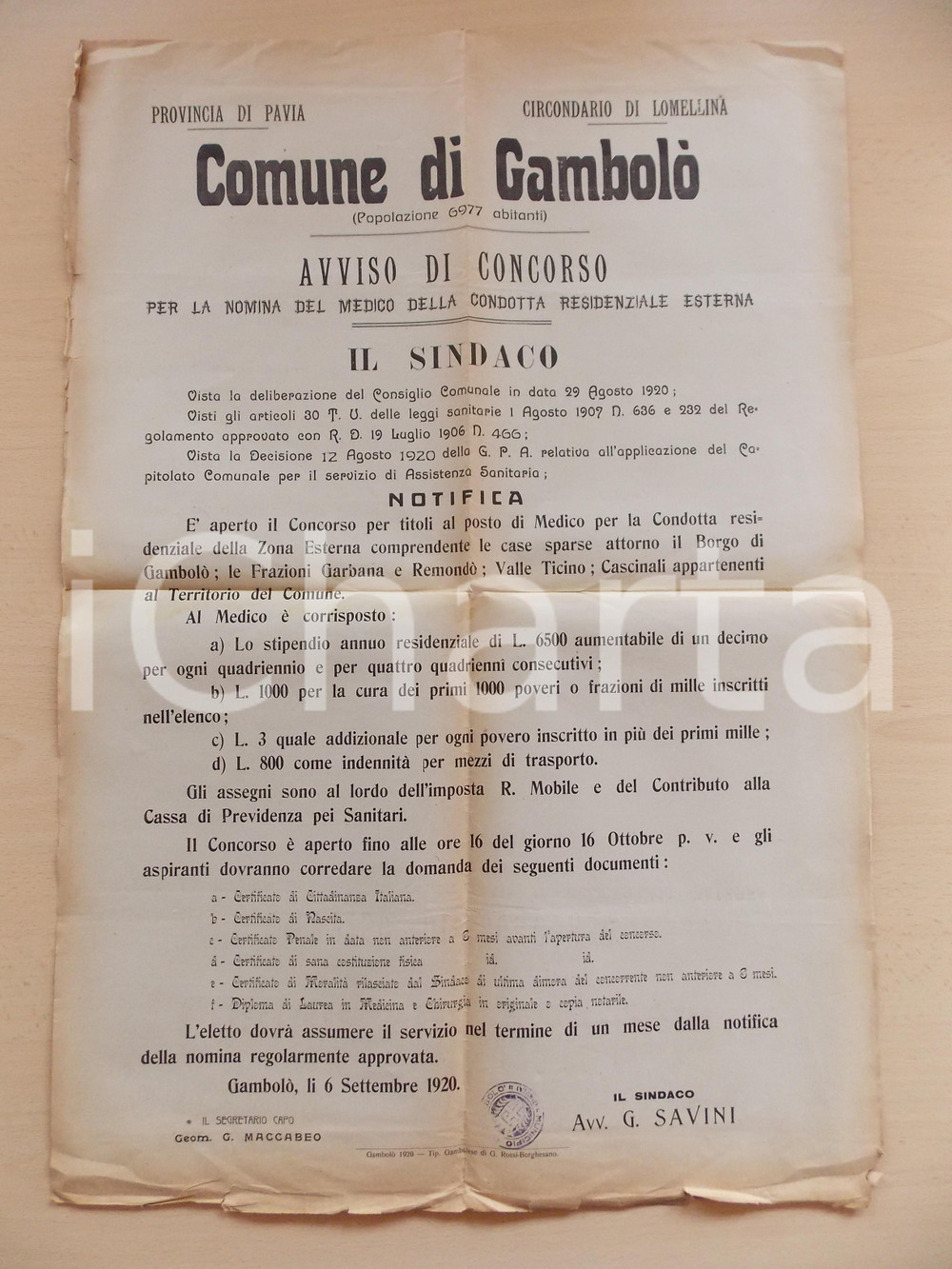 Documento originale, autentico 1920 GAMBOLÃ’ PV Concorso medico condotto residenziale Manifesto 44 x 65 1