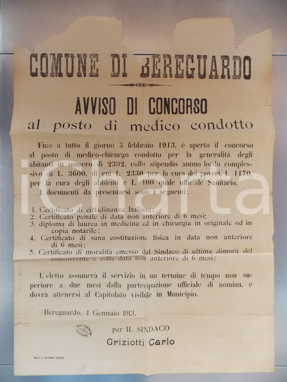 Documento originale, autentico 1913 BEREGUARDO PV Concorso per medico condotto Manifesto DANNEGGIATO 50 x 70 1