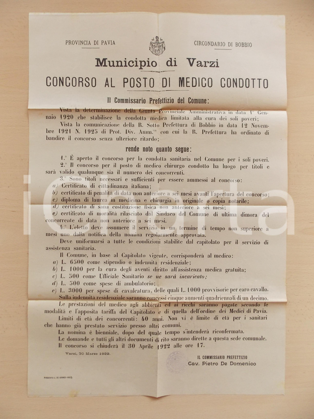 Documento originale, autentico 1922 VARZI PV Concorso al posto di medico condotto Manifesto 39 x 58 1