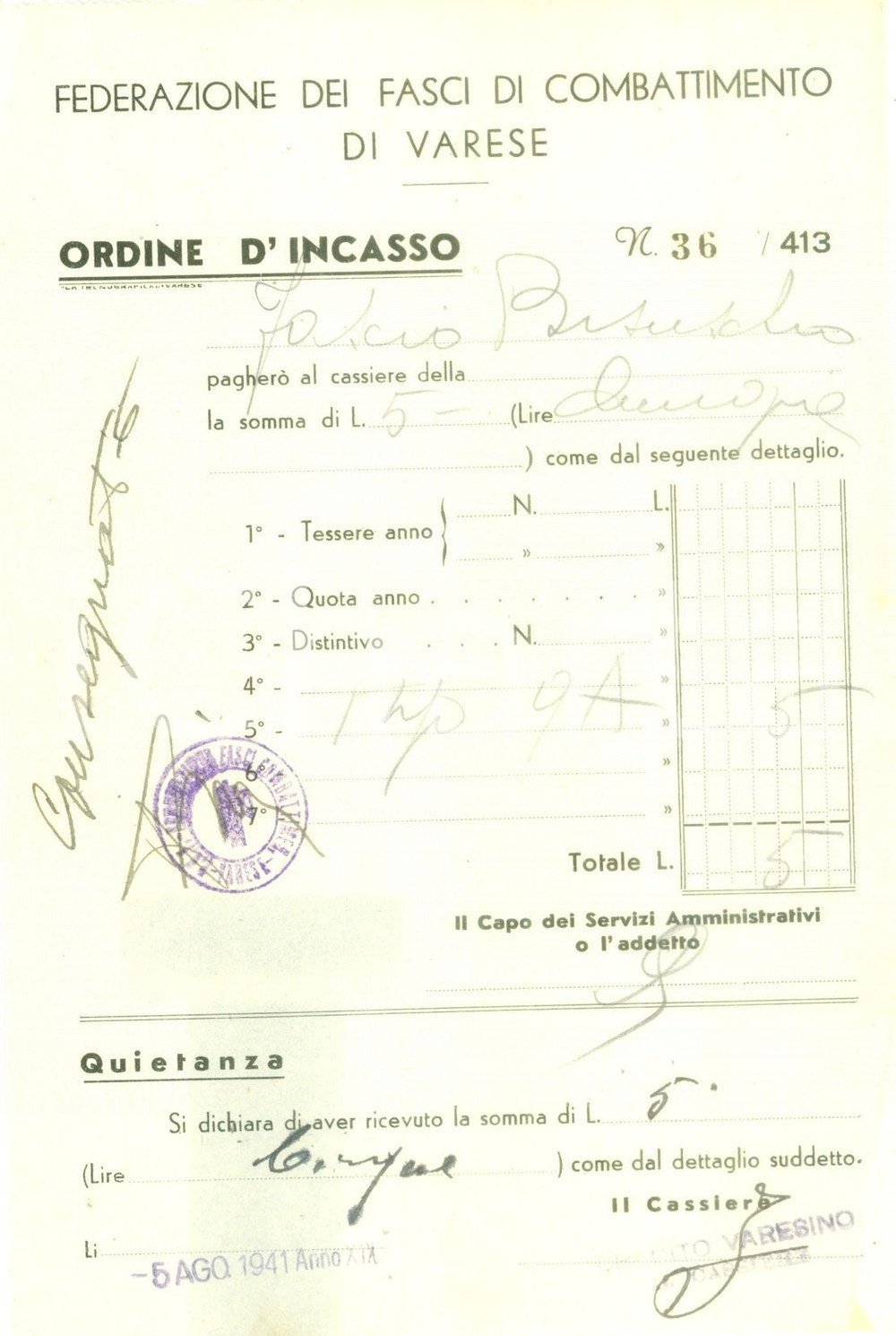 Documento originale, autentico 1941 BISUSCHIO VA Federazione Fasci di Combattimento Ricevuta di pagamento 1