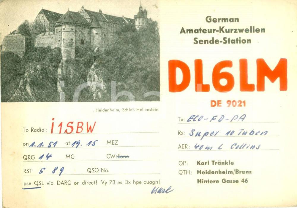 Cartolina originale da collezione 1951 HEIDENHEIM GERMANIA Radio Club Amatori ITALIA Cartolina QSL ILLUSTRATA 1