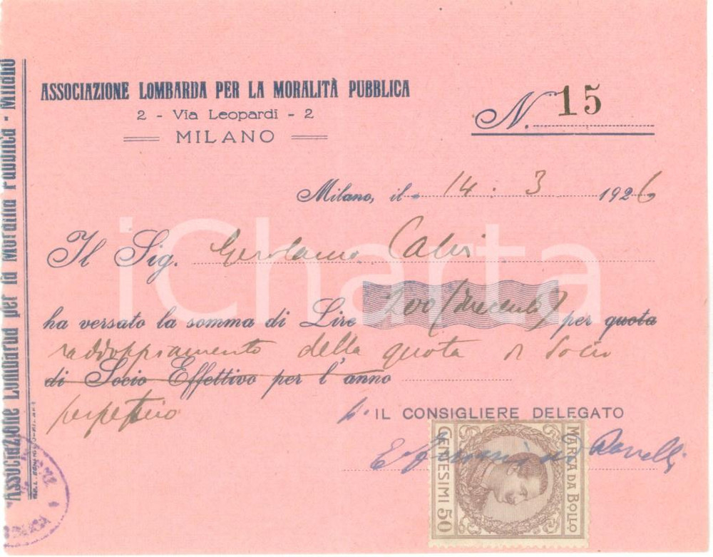 Documento originale, autentico 1874 CREMONA Associazione Lombarda MoralitÃ  Pubblica Gerolamo CALVI Ricevuta 1