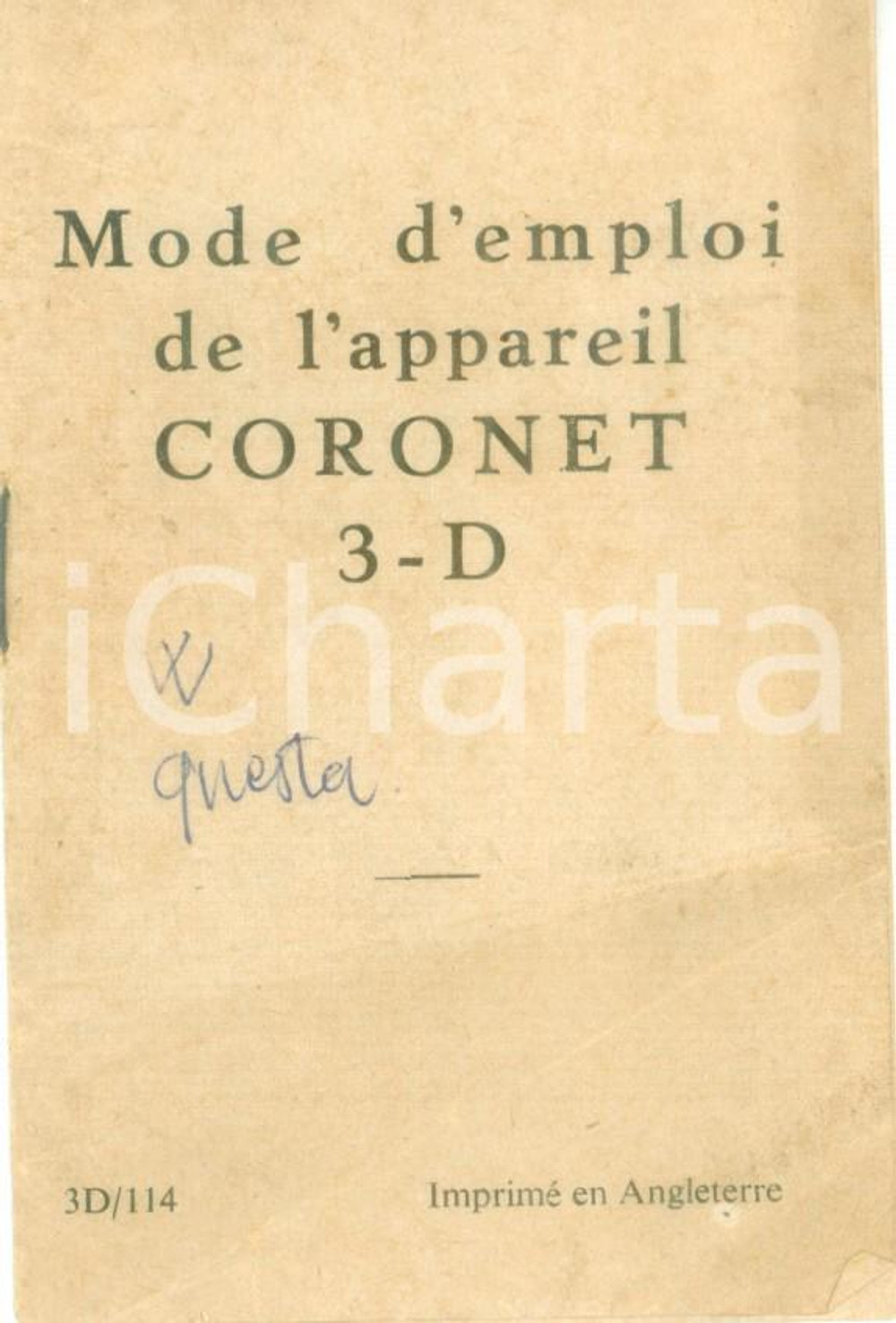 Materiale pubblicitario d’epoca 1954 Mode d emploi de l appareil CORONET 3D Libretto di istruzioni ILLUSTRATO 1