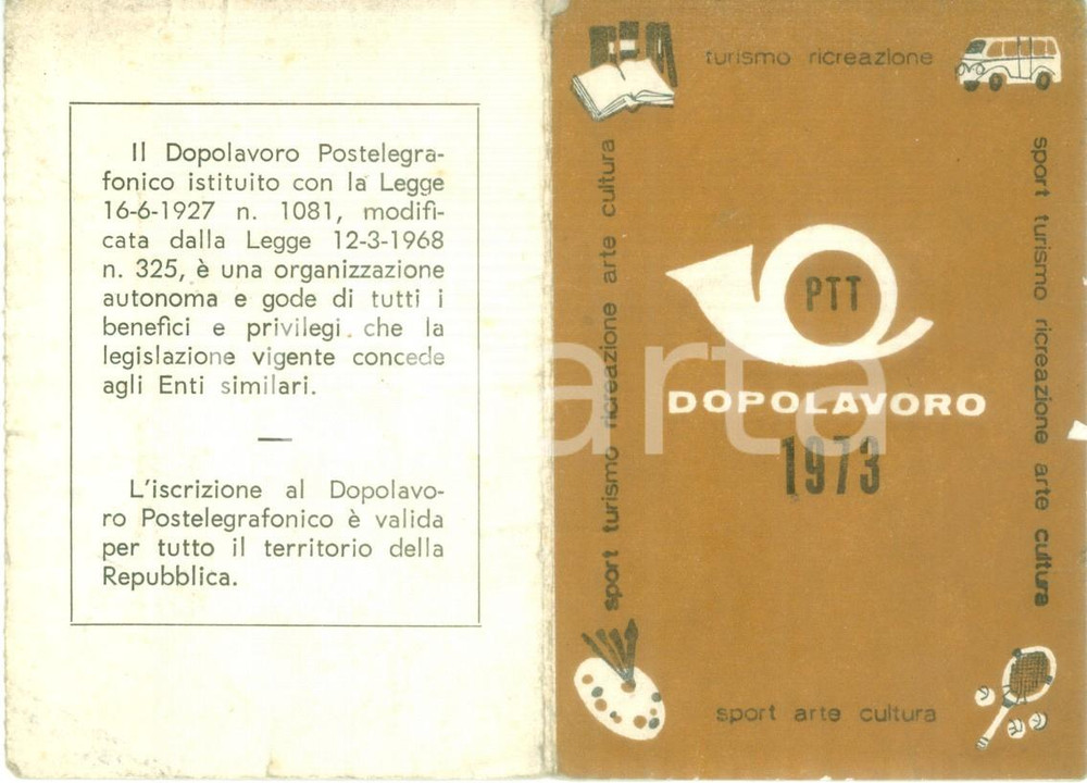 Oggetto da collezione cartaceo 1973 VARESE Tessera ricreativa Dopolavoro Postelegrafonico Documento 1