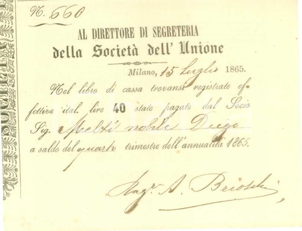 Documento originale, autentico 1865 MILANO Conte Diego MELZI abbonato a SocietÃ  dell Unione Ricevuta 1