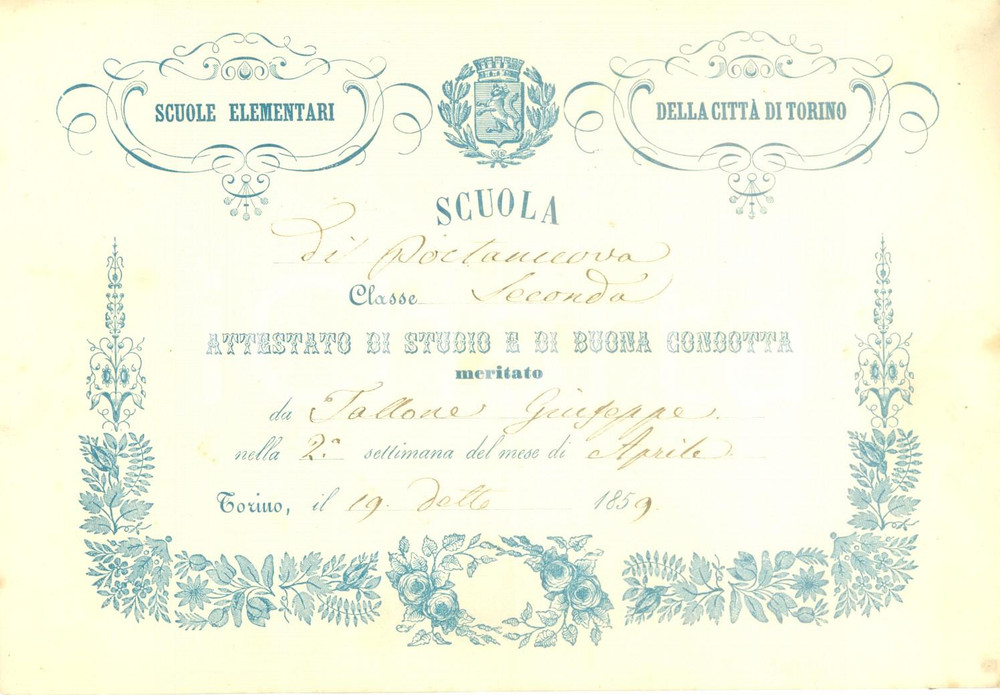 Documento originale, autentico 1859 TORINO Scuole Elementari Buona condotta di Giuseppe TALLONE Attestato 1