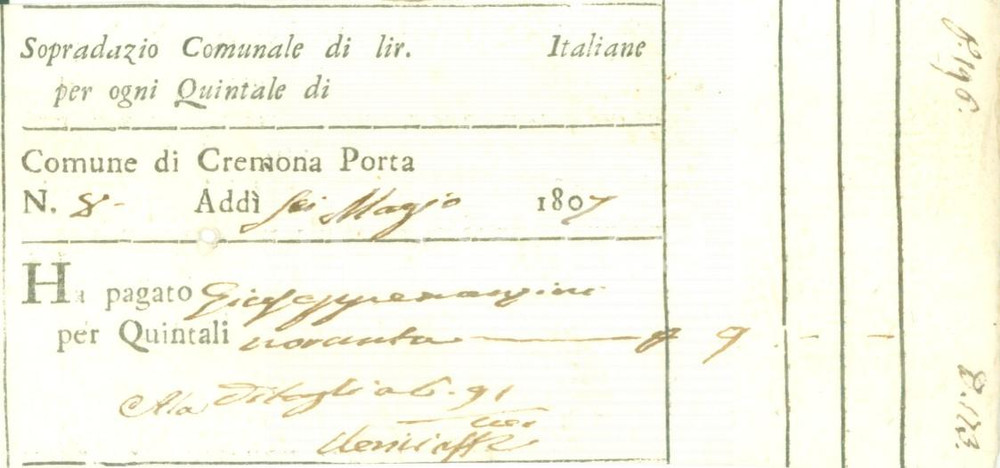 Documento originale, autentico 1807 CREMONA Giuseppe MANZINI paga sopradazio comunale Ricevuta 1
