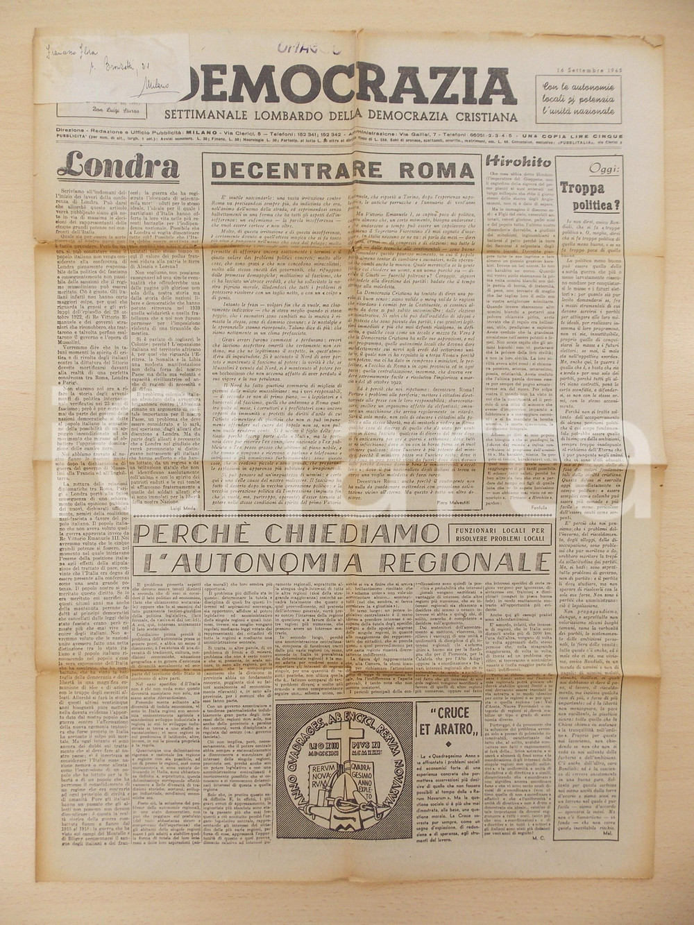 Giornale, rivista storica 1945 DEMOCRAZIA Settimanale Lombardo DC Decentrare ROMA Giornale 1