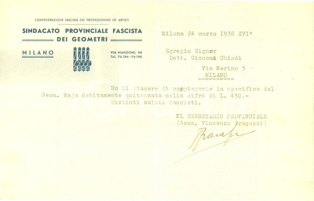 Documento originale, autentico 1938 MILANO Sindacato Provinciale Fascista Geometri Lettera commerciale 1