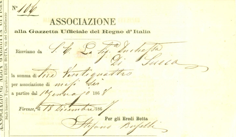 Documento originale, autentico 1867 FIRENZE Duchessa Carlotta di SUECA Abbonamento Gazzetta Ufficiale 1