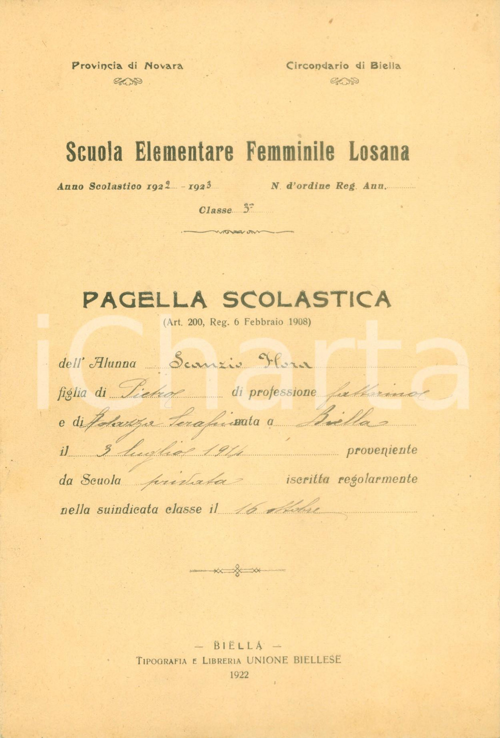1923 BIELLA Scuole LOSANA Maestre Rosminiane Pagella di Flora SCANZIO