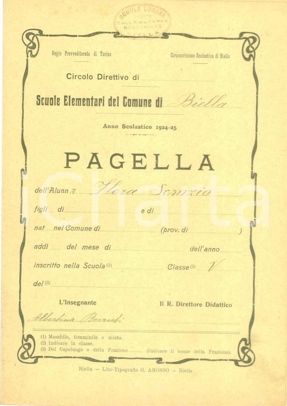 Oggetto da collezione cartaceo 1925 BIELLA Scuole LOSANA Maestre Rosminiane Pagella di Flora SCANZIO 1