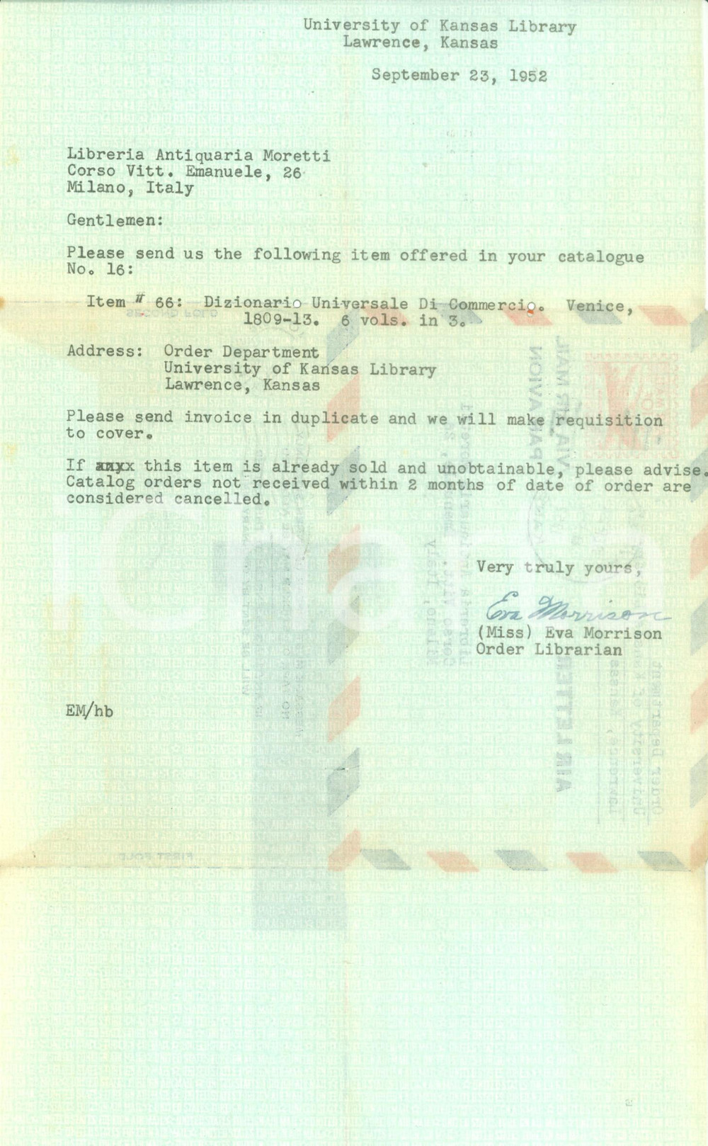 Autografo originale 1952 LAWRENCE, KANSAS Eva MORRISON ordina libro a libreria MORETTI AUTOGRAFO 1