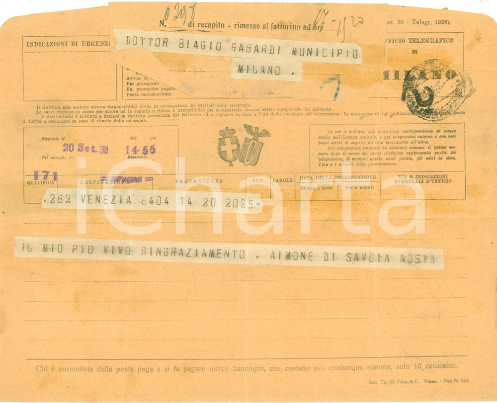 Documento originale, autentico 1930 VENEZIA Aimone di SAVOIA ricambia gli auguri Telegramma 1