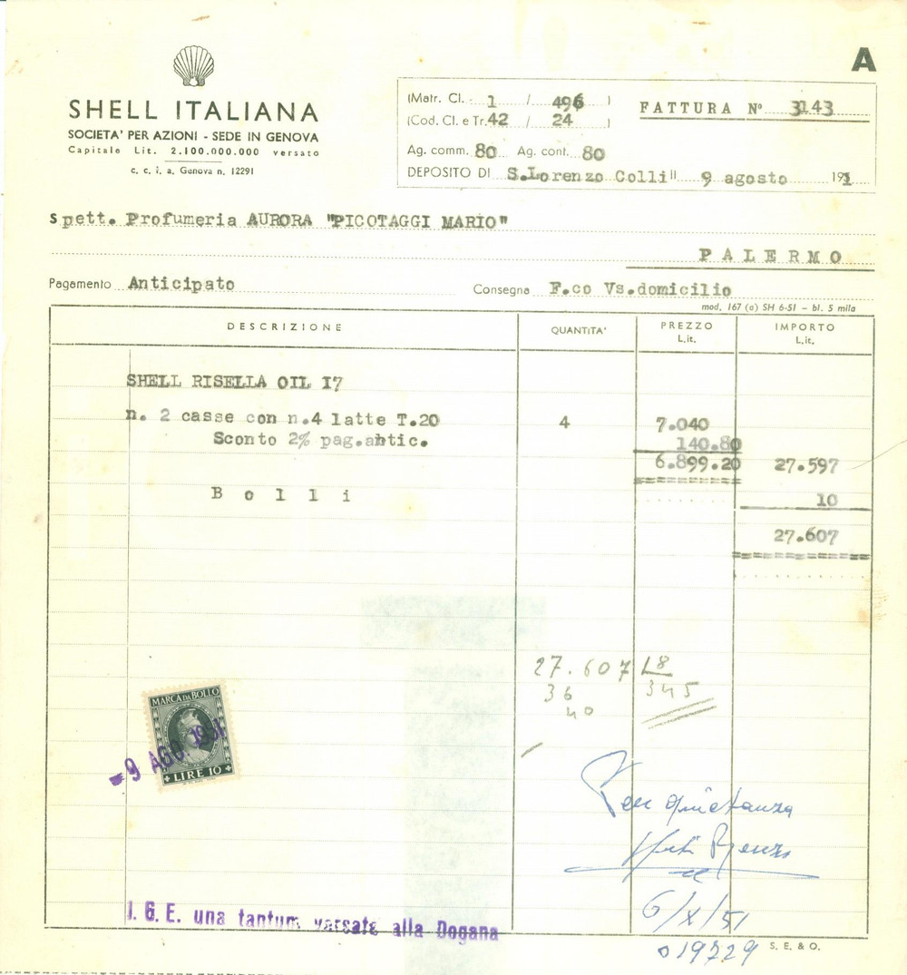 Documento originale, autentico 1951 GENOVA SocietÃ  per Azioni SHELL ITALIANA Fattura dattiloscritta 1
