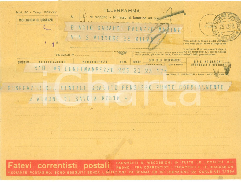 Documento originale, autentico 1939 CORTINA D AMPEZZO BL Aimone di SAVOIA ricambia gli auguri Telegramma 1