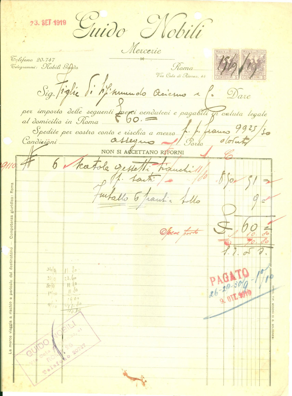 Documento originale, autentico 1919 ROMA Mercerie Guido NOBILI Fattura manoscritta su carta intestata 1