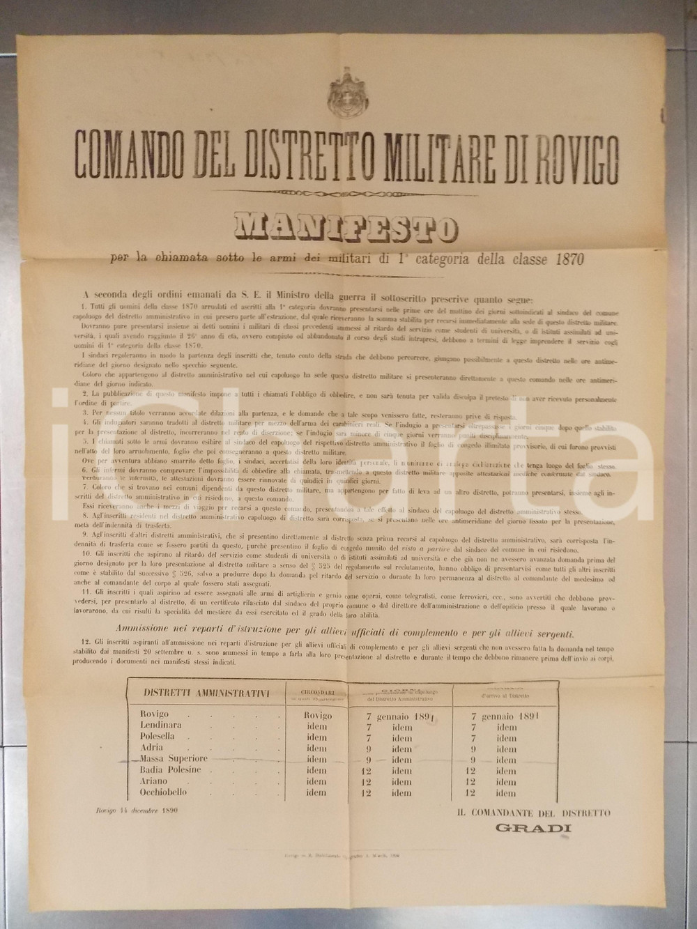 Documento originale, autentico 1890 ROVIGO Chiamata sotto le armi dei militari della classe 1870 Manifesto 1