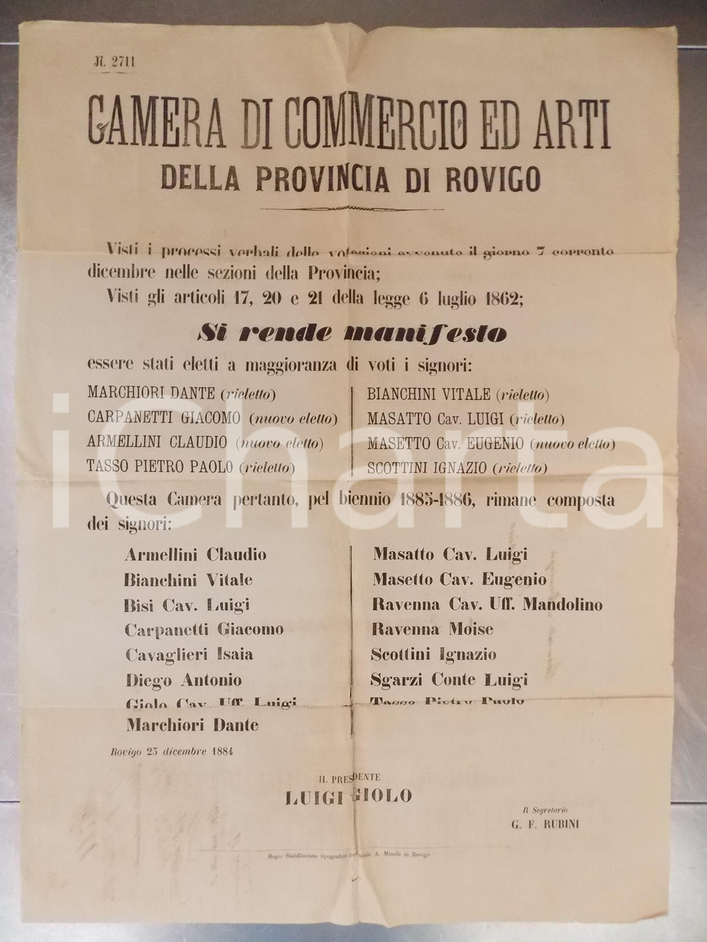 Documento originale, autentico 1884 ROVIGO Nuovi membri eletti della Camera di Commercio ed Arti Manifesto 1