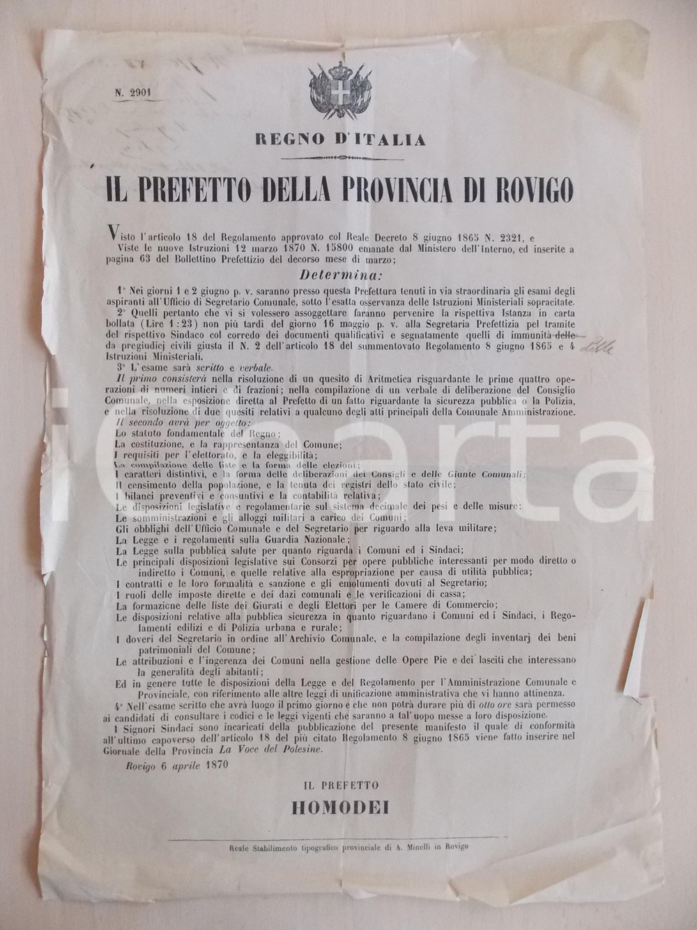 Documento originale, autentico 1870 ROVIGO Bando di concorso per Segretario Comunale Manifesto DANNEGGIATO 1