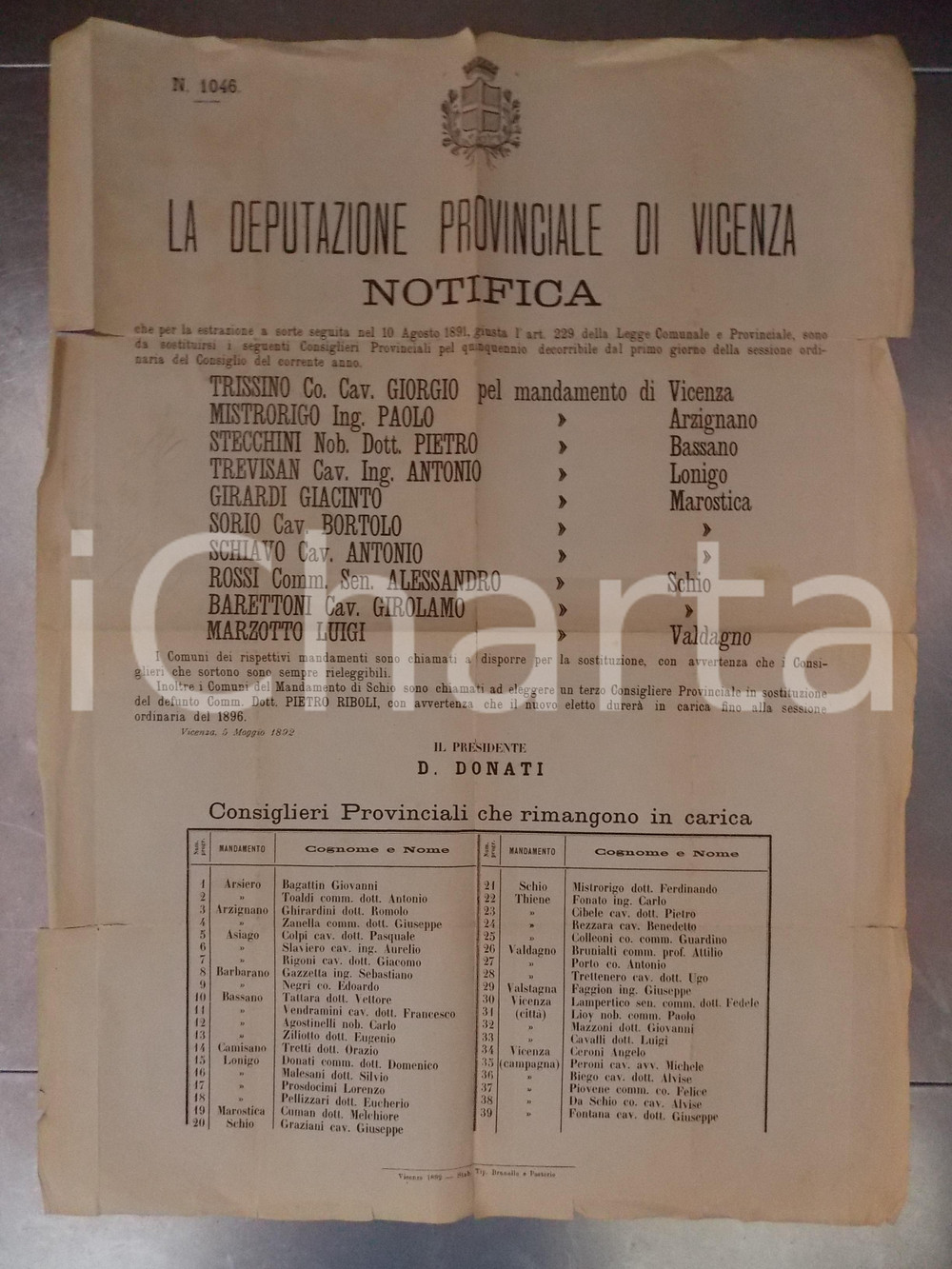 Documento originale, autentico 1892 VICENZA Elenco dei nuovi Consiglieri Provinciali Manifesto DANNEGGIATO 1