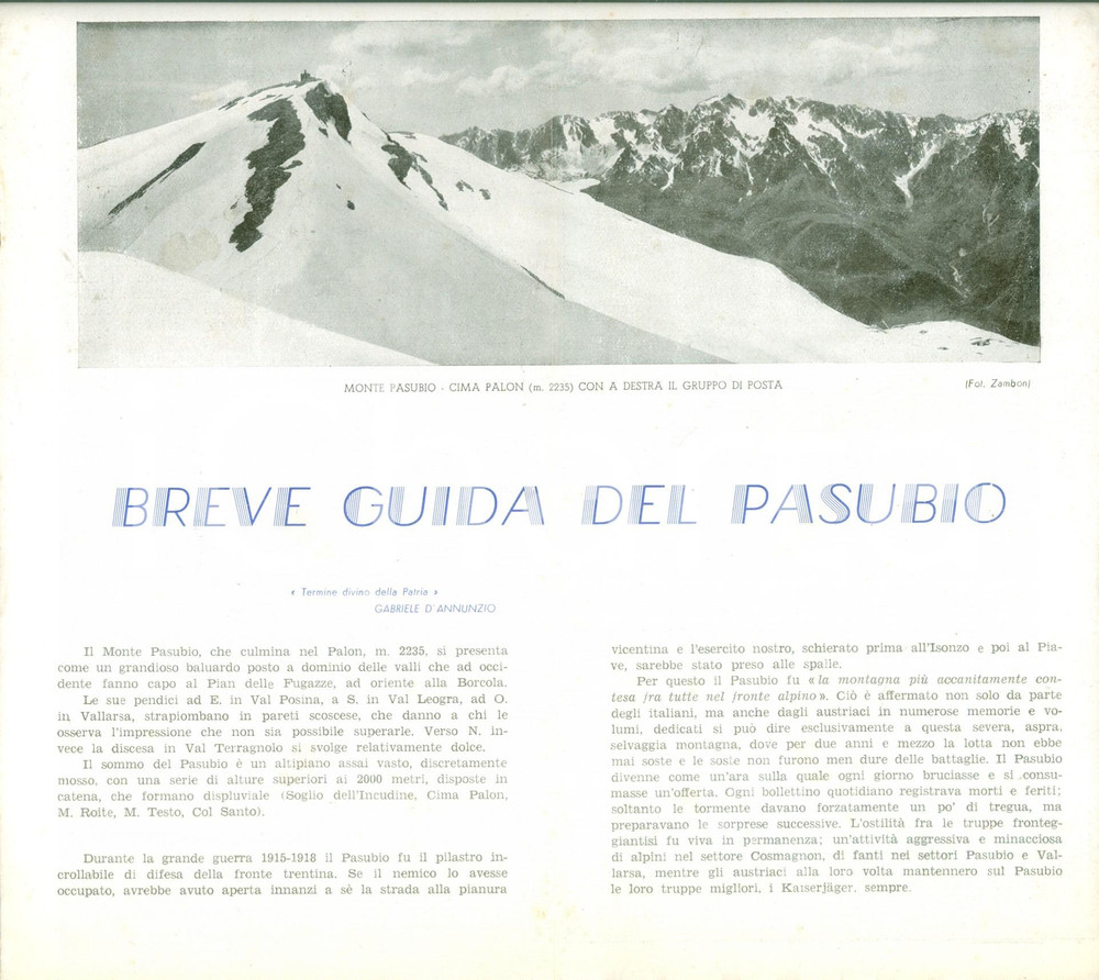 Materiale pubblicitario d’epoca 1950 ca Breve Guida del Monte PASUBIO Opuscolo ILLUSTRATO DANNEGGIATO 1