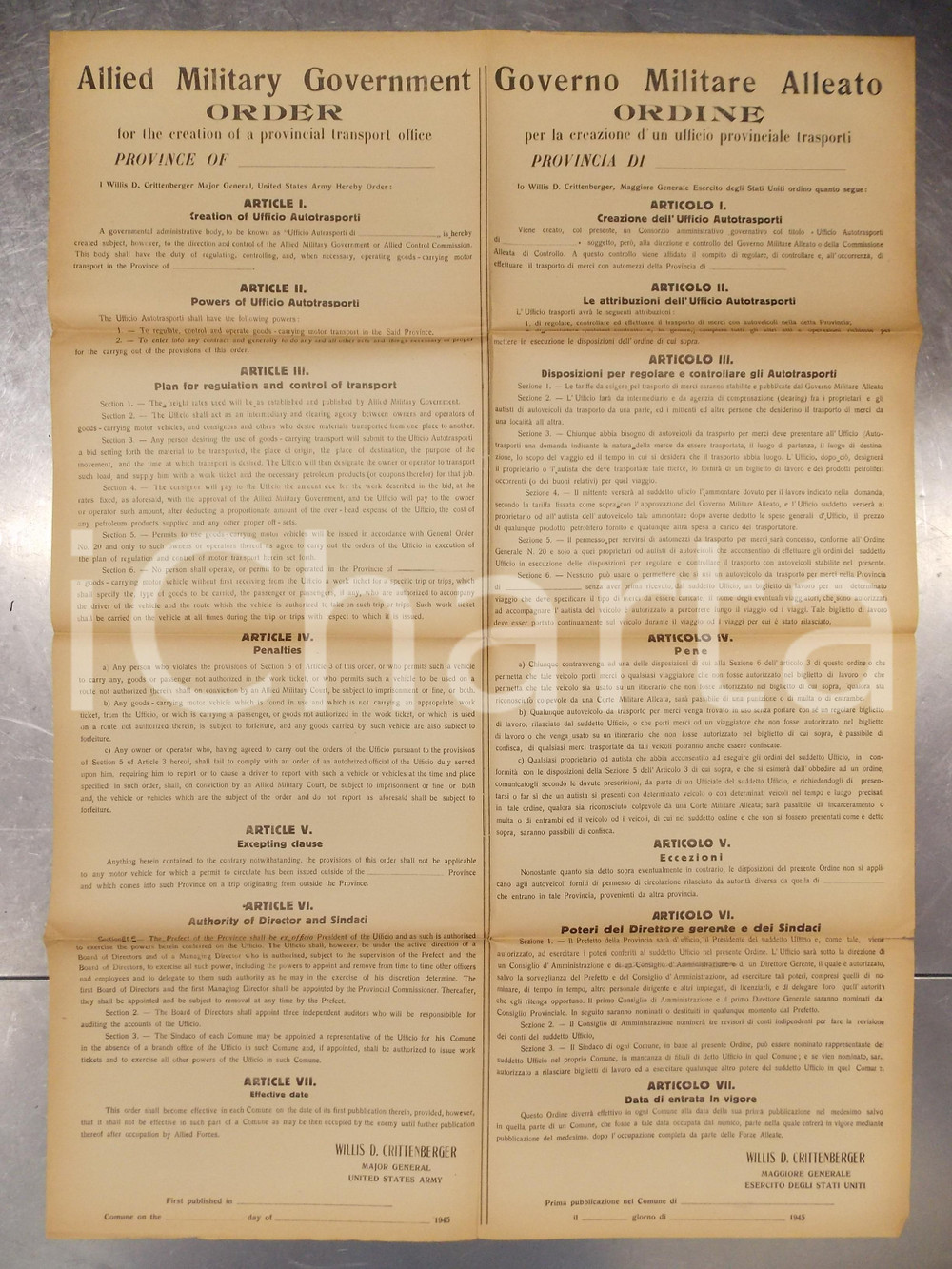 Documento originale, autentico 1945 GOVERNO MILITARE ALLEATO Creazione di un Ufficio Autotrasporti Manifesto 1