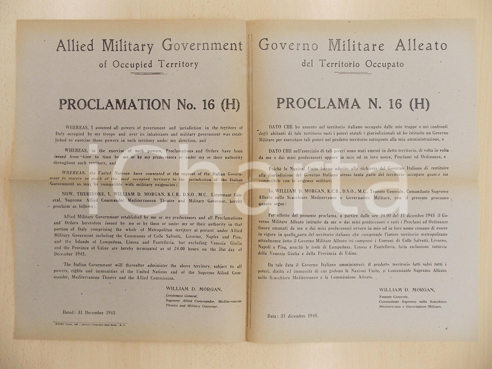 Documento originale, autentico 1945 GOVERNO MILITARE ALLEATO restituisce territori al Governo Italiano 1