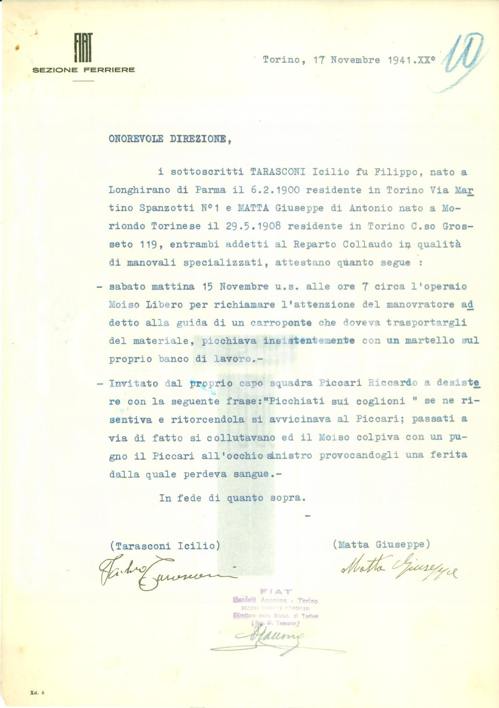 Documento originale, autentico 1941 TORINO WW2 FIAT Operaio Libero MOISO insultato da Riccardo PICCARI 1