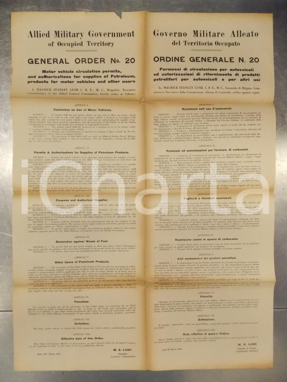 Documento originale, autentico 1944 GOVERNO MILITARE ALLEATO Permessi di circolazione per autoveicoli Manifesto 1