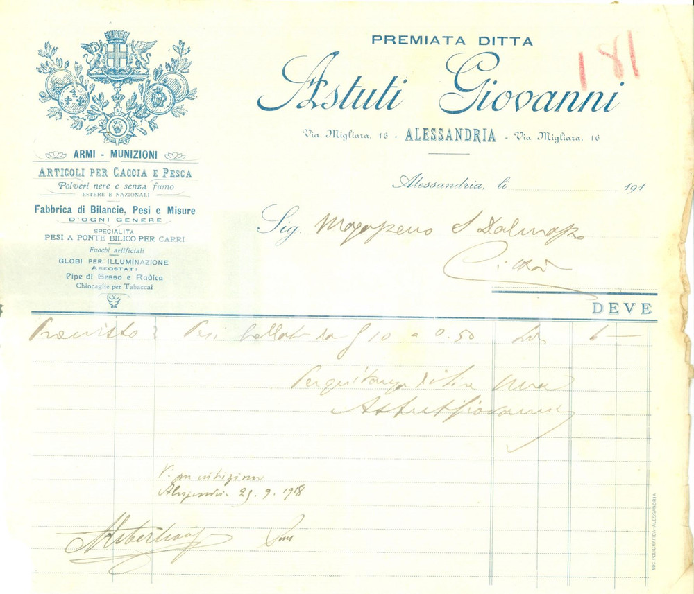 Documento originale, autentico 1918 ALESSANDRIA Premiata Ditta Giovanni ASTUTI Armi munizioni Fattura 1