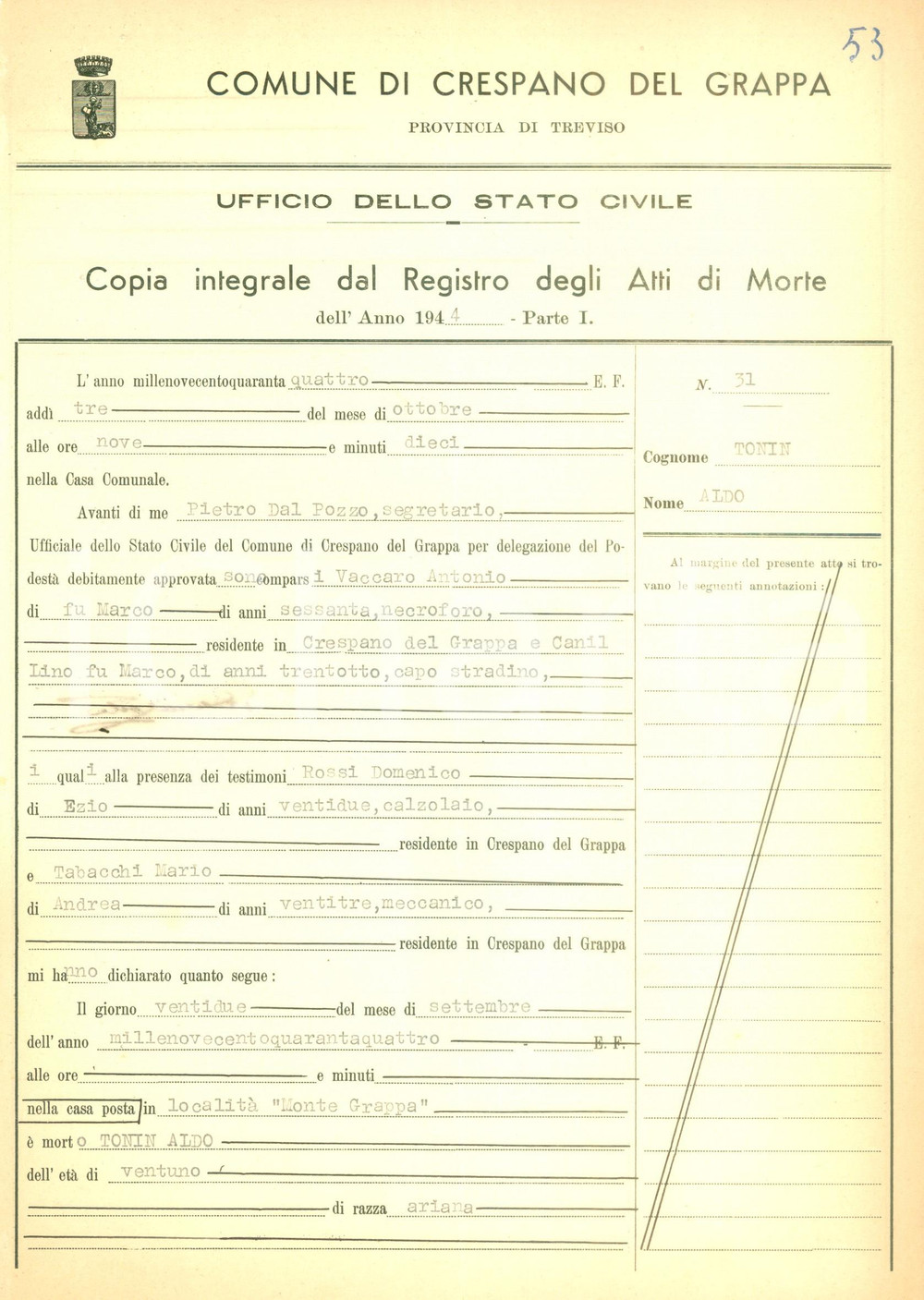 Documento originale, autentico 1952 CRESPANO DEL GRAPPA TV Aldo TONIN morto sul Monte Grappa nel 1944 1