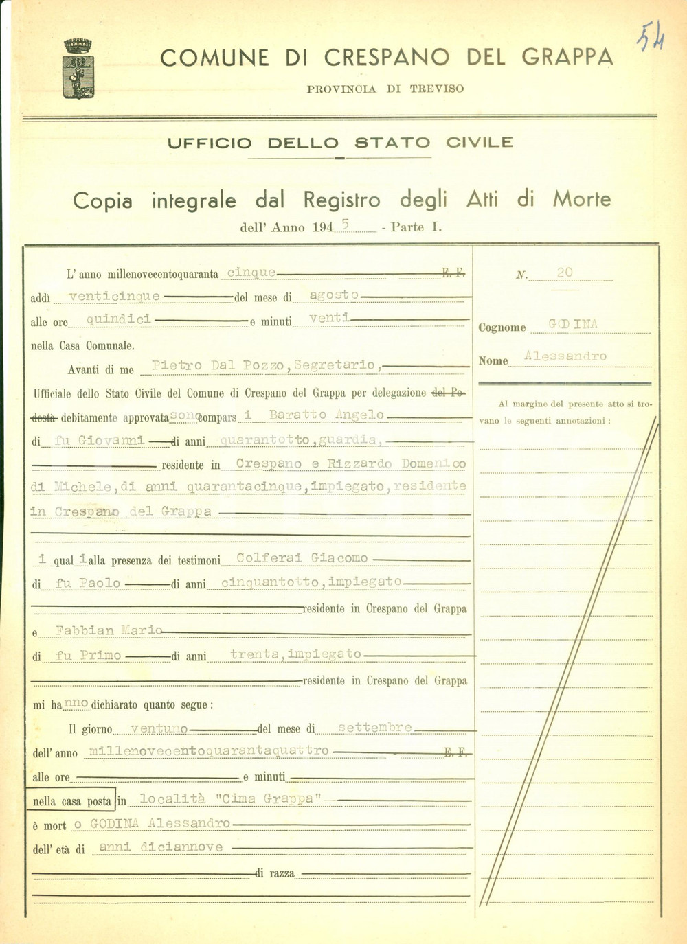 Documento originale, autentico 1952 CRESPANO DEL GRAPPA TV Alessandro GODINA morto a Cima del Grappa nel 1944 1