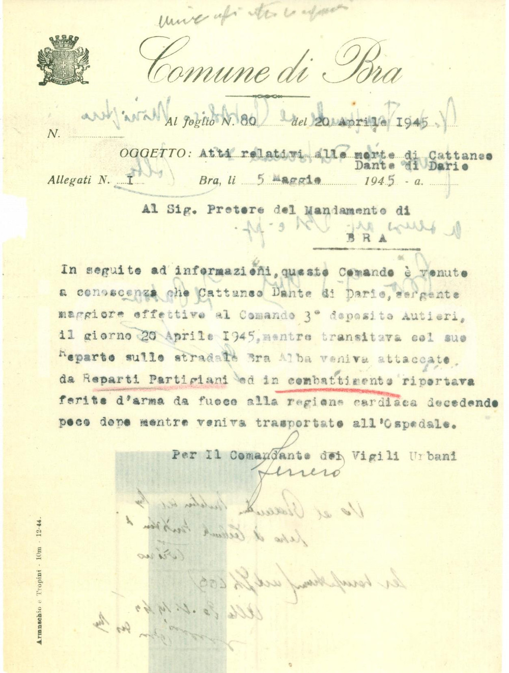 Documento originale, autentico 1945 BRA CN WW2 Autiere Dante CATTANEO ferito in scontro con Partigiani 1
