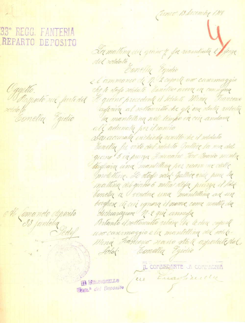 Documento originale, autentico 1918 CUNEO WW1 Soldato Egidio TONELLA ruba coperte dal 33Â° Reggimento Fanteria 1