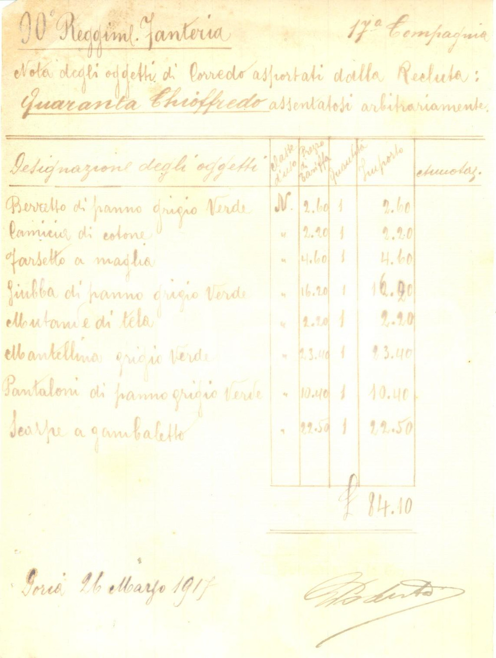 Documento originale, autentico 1917 GENOVA WW1 Caserma DORIA Oggetti rubati da Chioffredo QUARANTA Documento 1