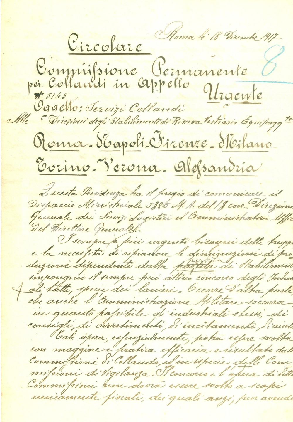 1917 ROMA WW1 Urgenza assoluta di Commissioni di collaudo *Documento