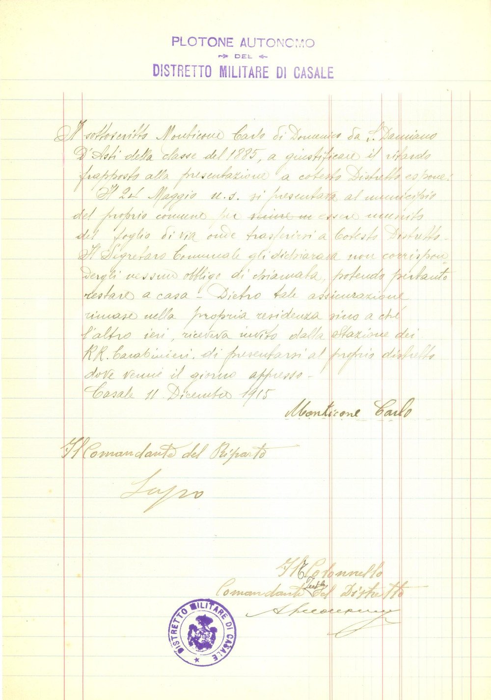 Documento originale, autentico 1915 SAN DAMIANO D ASTI WW1 Carlo MONTICONE non pensava di doversi arruolare 1