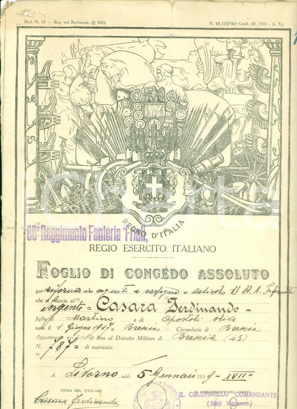 1939 BRESCIA Congedo assoluto Sergente Ferdinando CASARA 88° FRIULI *DANNEGGIATO