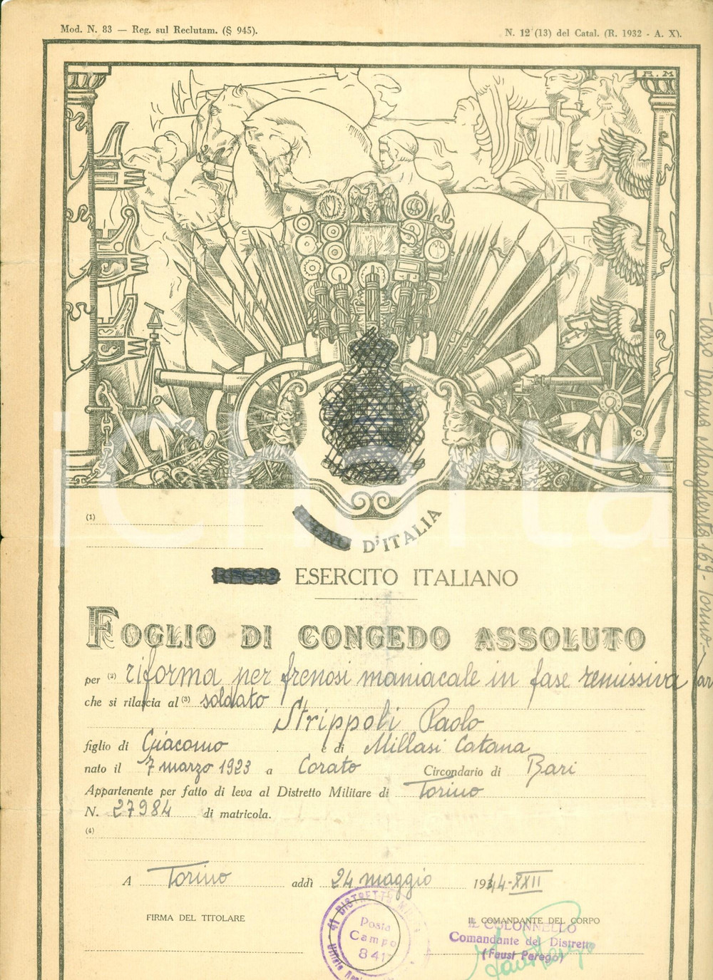 Documento originale, autentico 1944 TORINO RSI Congedo assoluto soldato Carlo STRIPPOLI Documento DANNEGGIATO 1